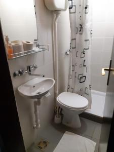 a small bathroom with a toilet and a sink at Hotel Duga in Novi Sad