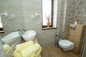 a bathroom with a sink and a toilet and a mirror at Casa Bucatarului in Bălnaca