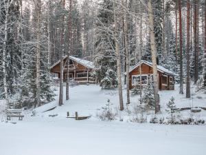 a cabin in the woods in the snow at Holiday Home Salmensuu by Interhome in Havumäki