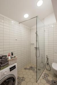 pralka w łazience z prysznicem w obiekcie Maironis apartment 2 w Kownie
