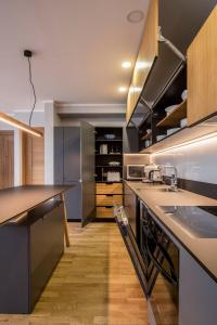 a kitchen with stainless steel appliances and wooden floors at Maironis apartment 2 in Kaunas