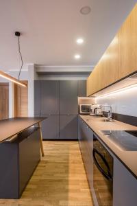 a kitchen with stainless steel appliances and wooden cabinets at Maironis 2 - Grand Apartment in the Heart of Kaunas in Kaunas