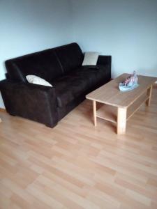 - un canapé noir et une table basse dans le salon dans l'établissement Hofschank Reinalterhof, à Malles Venosta