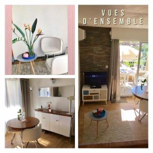 a collage of three pictures of a living room at STUDIO PORT D’HYÈRES VUE MER ET ÎLES DE PORQUEROLLES ET PORT-CROS in Hyères