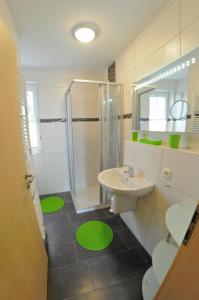 La salle de bains est pourvue d'un lavabo et d'une douche. dans l'établissement Ferienhaus Müritzidyll / EG-Appartement, à Marienfelde