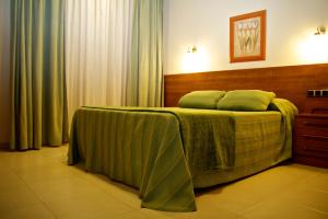 ein Schlafzimmer mit einem Bett mit einer grünen Decke darauf in der Unterkunft Hostal El Catalán in Madrid
