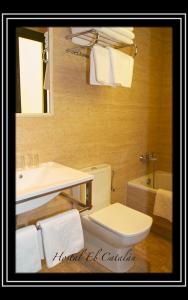 ein Badezimmer mit einem WC, einem Waschbecken und einem Spiegel in der Unterkunft Hostal El Catalán in Madrid