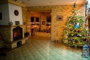 einen Weihnachtsbaum im Wohnzimmer mit Kamin in der Unterkunft Willa Izydor, widok na Tatry, pyszne posiłki in Kościelisko