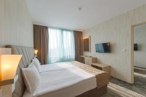サンダンスキにあるSpa Hotel Spartakのベッドとテレビが備わるホテルルームです。
