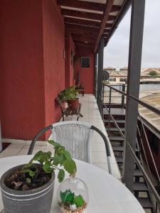una mesa con una maceta en el balcón en Hostal Avenue, en La Serena