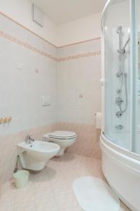 La salle de bains est pourvue d'une douche, de toilettes et d'un lavabo. dans l'établissement Lovely House in the Dolomites, à Mazzin