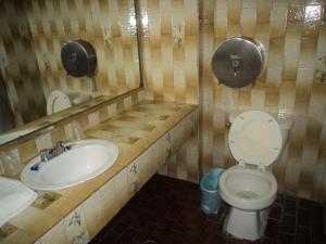 a bathroom with a sink and a toilet and a mirror at Hotel San Luis de Nogales in Heroica Nogales