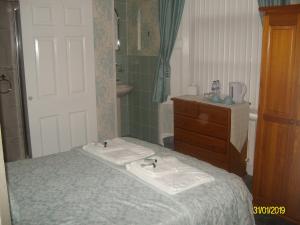 a bathroom with a sink, mirror, and towel rack at Kelvin House in Torquay