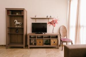 ein Wohnzimmer mit einem TV in einem Entertainment-Center in der Unterkunft Alameda Amor Suite by Valcambre in Sevilla