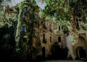 un vieux bâtiment en pierre avec un arbre en face de lui dans l'établissement Palazzo Belmonte, à Santa Maria di Castellabate