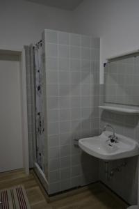 La salle de bains est pourvue d'un lavabo et d'une douche. dans l'établissement Pension Highway 3, à Bielefeld