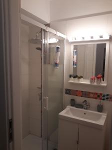 y baño con ducha, lavabo y espejo. en Victoria Avenue Apartment en Bucarest