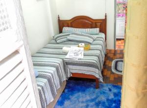 a bedroom with a bed with a blue rug at Hostel Recanto de Alegrias em São Cristòvão in Rio de Janeiro