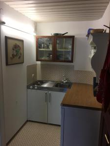 uma cozinha com um lavatório e uma bancada em Ferienwohnung Meindl Elfi An der Drachenwand 44 em Mondsee