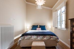 een slaapkamer met een bed met blauwe kussens en een raam bij Affordable suite with a view in the Heart of Lucca in Lucca
