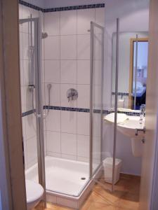 a bathroom with a shower and a toilet and a sink at Landgasthof Hock in Großostheim