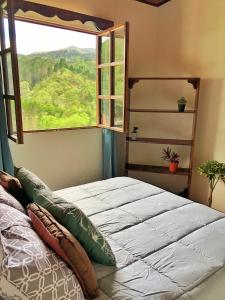 Cama en habitación con ventana grande en Cabaña Vista Verde, en Cartago