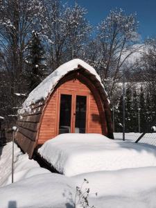 ein kleines Leguan-Haus aus Holz im Schnee in der Unterkunft Penzion V Hluboké a Department Glamp in Vsetín