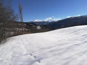 a snow covered slope with footprints in the snow at B&b La Violetta in SantʼAnna Pelago
