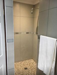 a shower with a glass door and a towel at Number Six in Durban