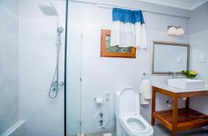 a bathroom with a toilet a sink and a shower at Jangwani Sea Breeze Resort in Dar es Salaam