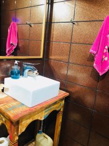 a bathroom with a white sink and a mirror at Casa de Ines em Santana in São Marcos
