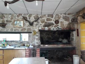 cocina con pared de piedra y chimenea en Rancho Don Juan en 