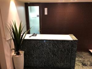 a bathroom with a bath tub with a plant in it at Prime Hotel Fulula プライムホテル フルーラ in Osaka +1 photo