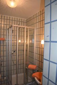 a room with a glass wall with two chairs and a shower at Haus am Deich Wohnung 12 in Dahme