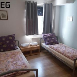 a small room with two beds and a window at Apartment am Golfplatz in Brochthausen