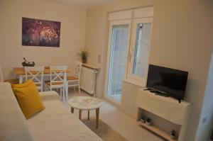 a living room with a couch and a tv at Spacious 2-bedroom apartment with luxury feel in Novi Sad