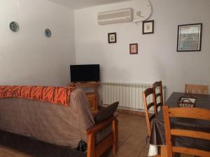 a living room with a couch and a television at LA ANTIGUA TAHONA in Navaconcejo