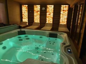 a jacuzzi tub in a room with windows at Sólyomvár-Lak in Komlóska