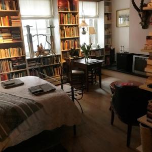 a room with a bed and a table and books at BLAUWE HOORN in Amsterdam