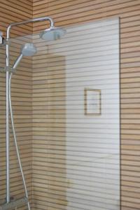 a shower with a white door in a bathroom at Villa Antumalal B&B in Málaga