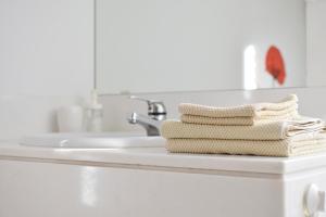 a stack of towels sitting on top of a bathroom sink at Villa Antumalal B&B in Málaga