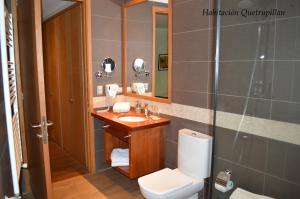 ein Badezimmer mit Toilette, Waschbecken und Spiegel in der Unterkunft Cocurantu Hotel Boutique in Pucón + 34 Fotos