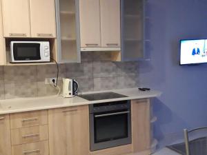a kitchen with a sink and a microwave at Lutsk, Double-Room apartments in Lutsk