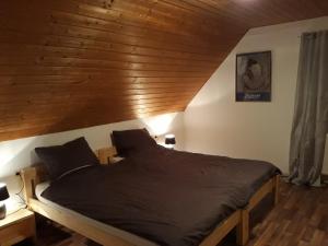 Ce lit se trouve dans un dortoir doté d'un plafond en bois. dans l'établissement Ferienwohnung Daniela, à Meckenbeuren