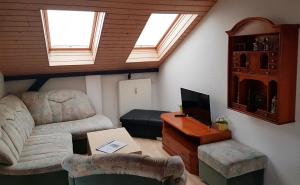 ein Wohnzimmer mit einem Sofa, einem TV und 2 Fenstern in der Unterkunft Ferienwohnung Hoffmann Grossdeuben DG in Böhlen