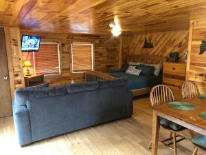 a living room with a couch and a bed in a cabin at Pop’s Cottage in Bryson City +14 photos
