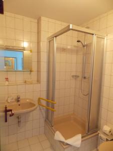 ein Bad mit einer Dusche und einem Waschbecken in der Unterkunft Landhotel Weisses Röß`l in Adorf