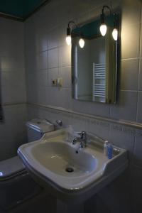 ein Badezimmer mit einem Waschbecken, einem Spiegel und einem WC in der Unterkunft Villa Themistokli in Korçë