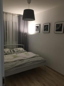 sypialnia z łóżkiem z lampką i obrazami na ścianie w obiekcie Apartament Przy Skarpie w Toruniu