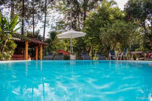 a swimming pool with chairs and an umbrella at Pousada Villa Luna in Penedo
